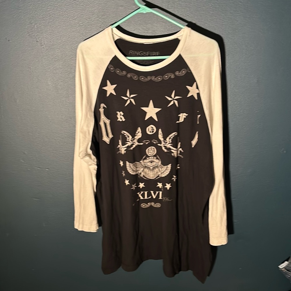 Ring of Fire Men's Black T-shirt with White Sleeves Hidden Schools Imagery XXL